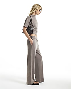 Beige Two Tone Wide Leg Trousers