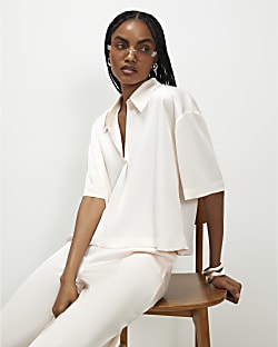 Cream Satin Polo Top