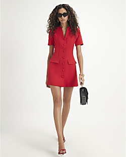 Red Tailored Button Up Mini Dress