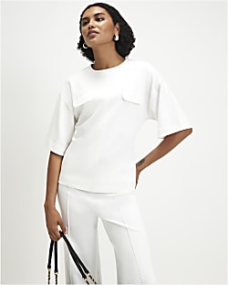 Cream Short Sleeve Tie Back Pocket Top