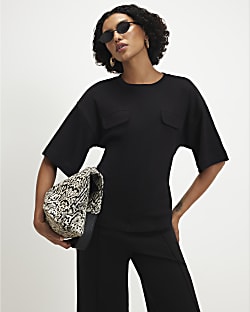 Black Short Sleeve Tie Back Pocket Top