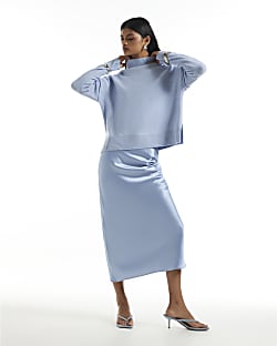 Blue Knit Satin Hybrid Jumper Dress