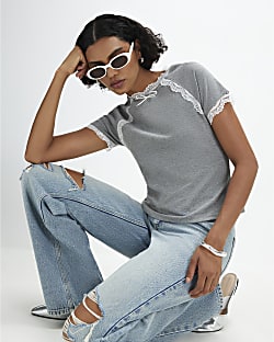Grey Lace Trim Bow Detail Fitted T-Shirt