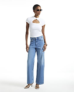 White Keyhole Stand Up Collar Cap Sleeve Top