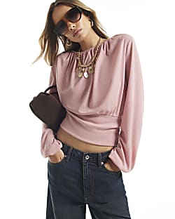 Pink Ruched Neck Banded Top