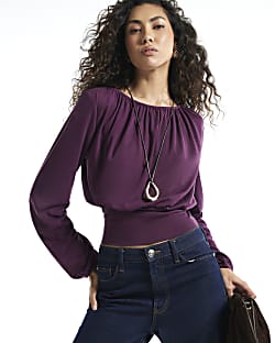 Burgundy Ruched Neck Banded Long Sleeve Top