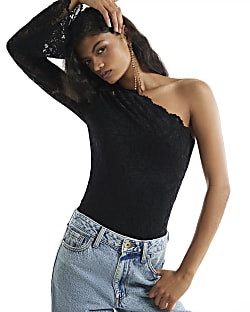 Black One Shoulder Lace Bodysuit