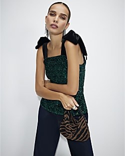 Green Bow Strap Sequin Top