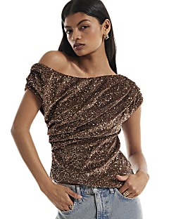 Brown Sequin Sleeveless Drape Top
