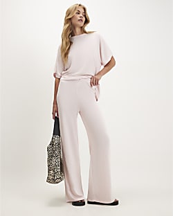 Pink Textured Wide Leg Trousers