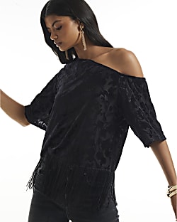 Black Devore One Shoulder Fringe Top