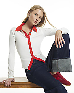 Cream Ribbed Polo Button Down Polo Top