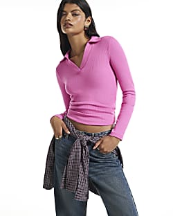 Pink Long Sleeve Rib Polo Top