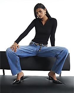 Black Long Sleeve Rib Polo Top
