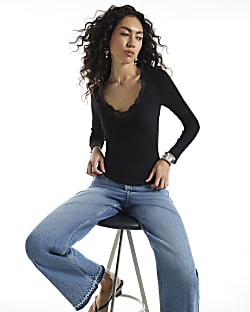 Black V Neck Lace Trim Top