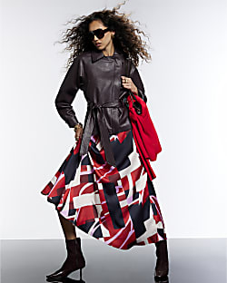 Red Satin Colour Block Asymmetric Midi Skirt