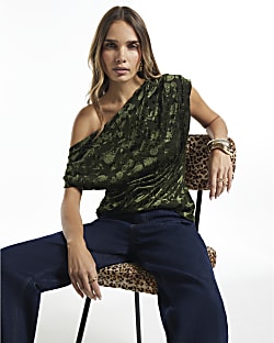 Green Velvet Devore Asymmetric Drape Top