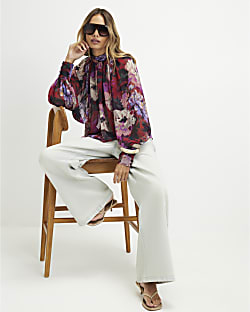 Red Floral Sheer Tie Neck Top