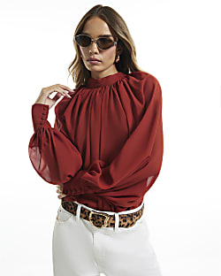 Orange Funnel Neck Sheer Blouse