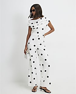 White Polka Dot Asymmetric Drape Jumpsuit