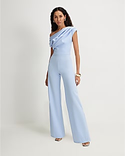 Blue Asymmetric Drape Jumpsuit