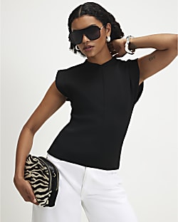 Black Knit Stand Up Collar Top