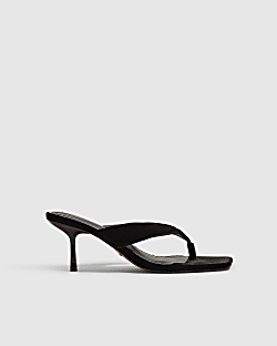 Black Velvet Toe Thong Heeled Sandals