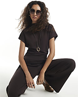 Brown Premium High Neck Ruched Top