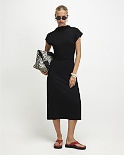 Black Premium High Neck Ruched Midi Dress