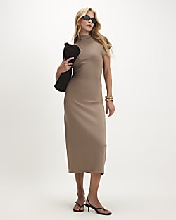 Beige Premium High Neck Ruched Midi Dress