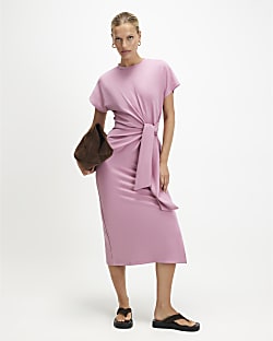 Pink Premium Short Sleeve Tie Side Midi Dress