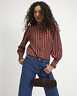 Brown Stripe Frill Trim Blouse