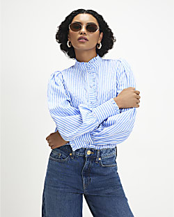 Blue Stripe Half Placket Blouse