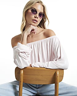Pink Ruched Bandeau Long Sleeve Top