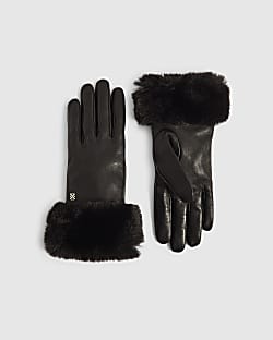Black Faux Fur Cuff Leather Gloves