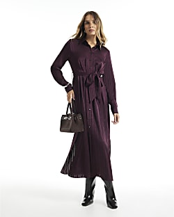 Burgundy Satin Stripe Midi Shirt Dress