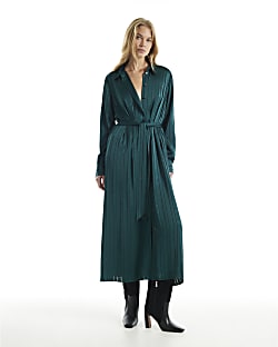 Green Stripe Belted Midi Shirt Dress