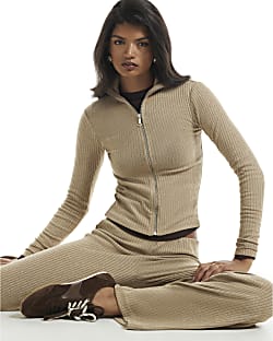 Beige Long Sleeve Zip Top