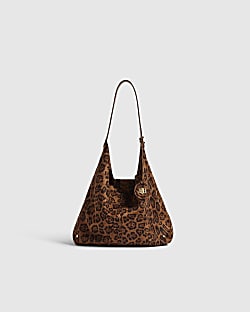 Brown Faux Suede Leopard Print Slouch Bag