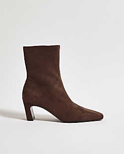 Brown Faux Suede Heeled Ankle Boots