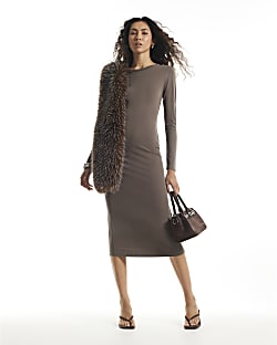 Brown Crew Neck Midi Dress