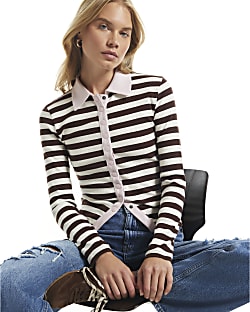 Brown Stipe Ribbed Popper Polo Top