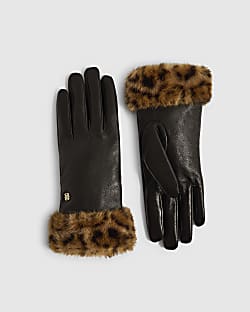 Black Leather Leopard Faux Fur Trim Gloves