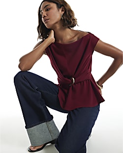 Burgundy One Shoulder Buckle Detail Top