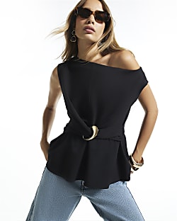 Black One Shoulder Buckle Detail Top