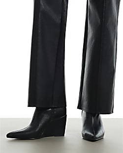 Black Faux Leather Stretch Wedge Ankle Boots