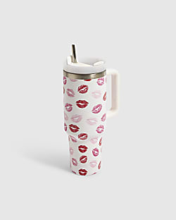 Pink Lips Print Cup With Straw