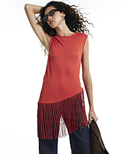 Red Sleeveless Fringe Asymmetric Top