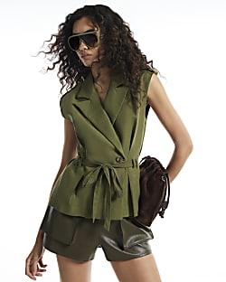 Green Cotton Blend Tie Detail Wrap Top