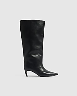 Black Faux Leather Kitten Knee High Boots